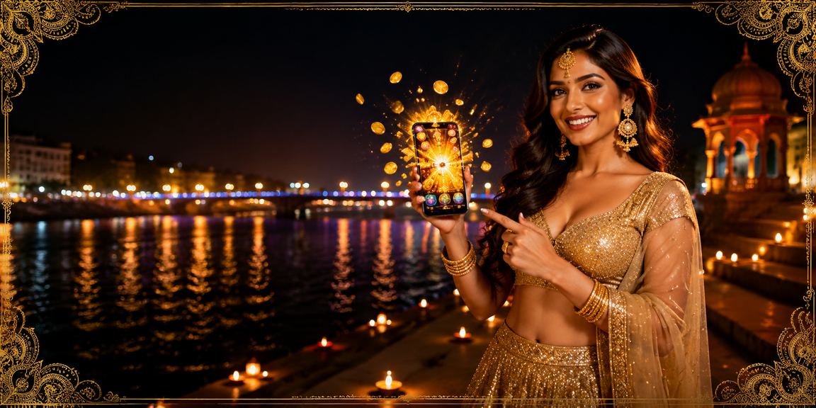 Woman enjoying live casino games on mobile device with lehenga dress outdoors in Ahmedabad